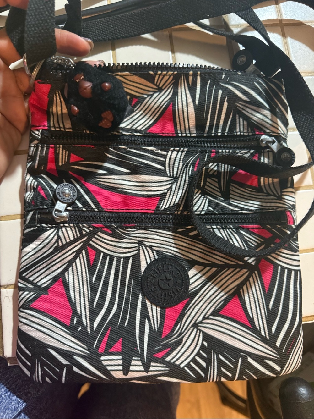 Kipling Black, Pink & White Palm-Print Crossbody Bag